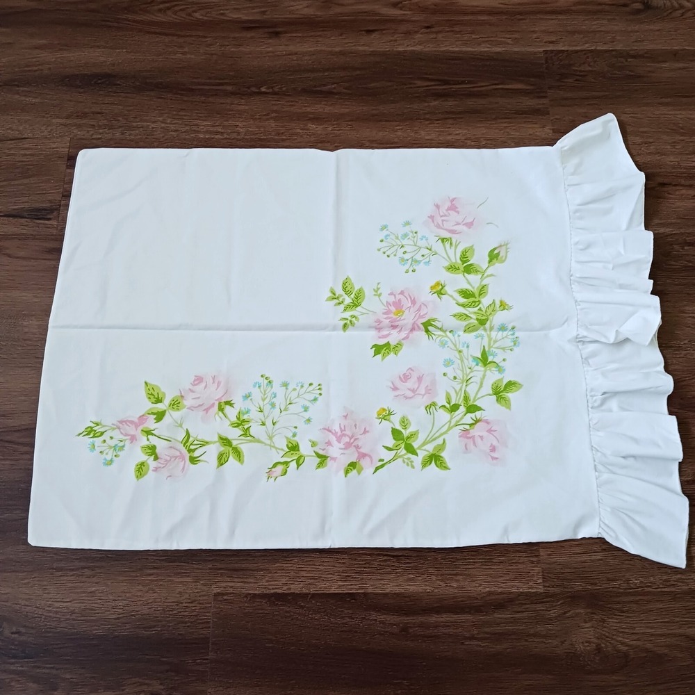 Vintage Pink Roses Martex Standard size PILLOWCASE 4" Ruffle trim‎ Cottagecore